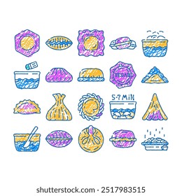 dumpling delicious meal recipe doodle icons set vector. sketch line art dumpling food with meat and vegetable ingredient, cooking bowling, kreplach and modak, tortellini dish color illustrations