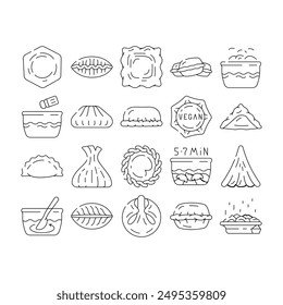 Dumpling Delicious Meal Recipe Icons Set Vector. Dumpling Food With Meat And Vegetable Ingredient, Cooking And Bowling, Kreplach And Modak, Tortellini And Khinkali Dish Black Contour Illustrations