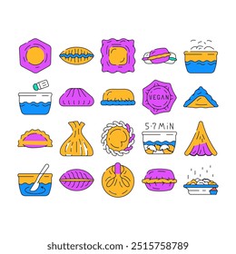 Dumpling Delicious Meal Recipe Icons Set Vector. Dumpling Food With Meat And Vegetable Ingredient, Cooking And Bowling, Kreplach And Modak, Tortellini And Khinkali Dish color Contour Illustrations