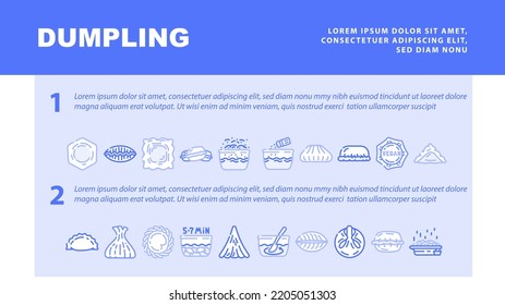 Dumpling Delicious Meal Recipe landing web page header vector. Dumpling Food With Meat And Vegetable Ingredient, Cooking And Bowling, Kreplach And Modak, Tortellini Khinkali Dish Color Illustrations