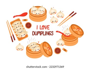 Dumpling and gyoza set vector drawing. Traditional Japanese dumplings with funny smiling faces. Kawaii asian food vector