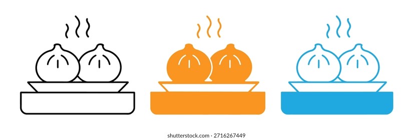 Diseño de icono de dumpling. Icono de la silueta de Dumpling. Vector de Dumpling. Dumplings al vapor en tres variaciones de color para diseños culinarios. 