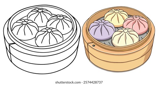 Dumpling Line Art Vector Illustration Black and White with Coloring Sample. Bold and Easy Food, Fruits, Sweets, Drinks, Dessert, and Snacks Coloring Pages for Adults and Kids
