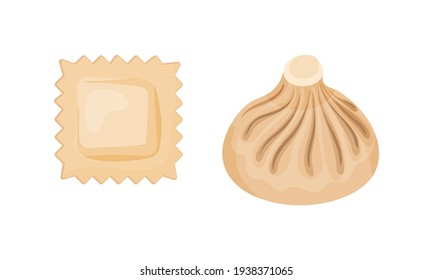 Dumpling Made of Dough Wrapped Around Savory or Sweet Filling Vector Set