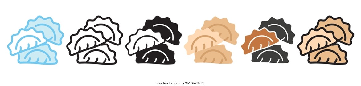 Dumpling multi style, mini illustration icon set. outline, flat, glyph, line color, UI, UX, app and web, digital or print. vector EPS 10 related to street food, food festival.