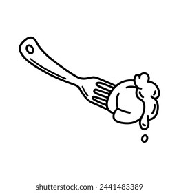 Dumpling on fork with sour cream. Pelmeni, Dough and meat products. National Russian dishes. Hand drawn vector doodle illustration. For food market, logo, shop, brand, packaging, menu, recipe.