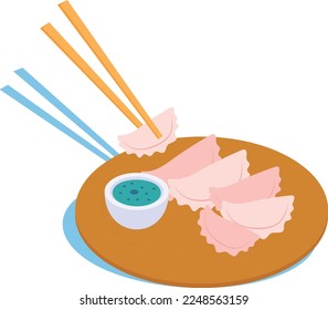 Dumpling Platter with Chopstick and Sauce isometric Concept Vector Color Icon Design, Traditional Chinese Culture Symbol, New Year of the Rabbit 2023 Sign, China Travel Guide Stock illustration