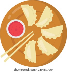Dumpling Platter Top view with Chopstick and SauceConcept Vector Color Icon Design, Traditional Chinese Culture Symbol on white background, Lunar New Year of the Ox 2021 Sign, China Travel Guide Stock