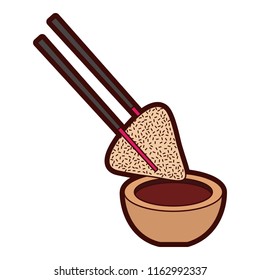 dumpling rice plate and soy sauce with sticks traditional