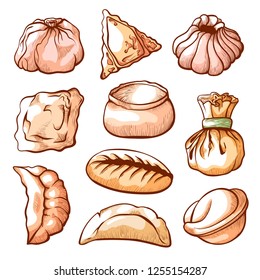 Dumpling, traditional chinese food hand drawn set. Small savoury balls of dough with meat. Vector illustration on white background