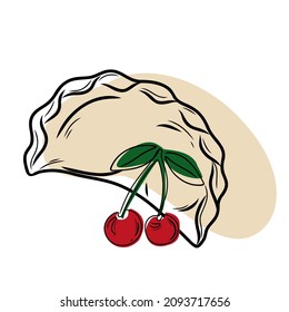 Dumpling or vareniki with cherries isolated on a white background. Doodle. Hand drawn. Vector illustration.