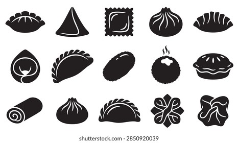 Dumpling vector icons collection includes samosa ravioli empanada and dim sum graphic elements for menu design