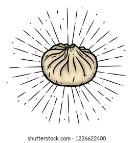 Dumpling. Vector illustration with dumplings and divergent rays. Used for poster, banner, web, t-shirt print, bag print, badges, flyer, logo design and more. 