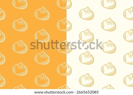 Dumpling xiaolongbao line art seamless pattern on yellow background. Bao dumpling engraving doodle pattern background. Asian traditional food hatching motif wallpaper for packaging and merchandise