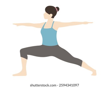 Dumpling-headed woman doing yoga warrior pose 2