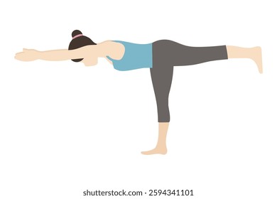 Dumpling-headed woman doing yoga warrior pose 3