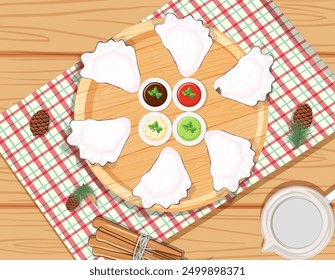 Dumplings arranged with sauces on a wooden table