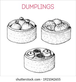 Dumplings in bamboo steamer. Asian food. Vintage hand drawn sketch. Chinese, Japanese , Thai food. Vector illustration.