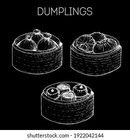 Dumplings in bamboo steamer. Asian food. Vintage hand drawn sketch. Chinese, Japanese , Thai food. Vector illustration.