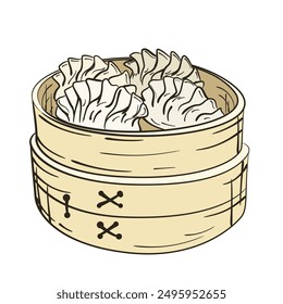 Dumplings in bamboo steamer. Traditional Asian food. Hand drawn vector illustration.