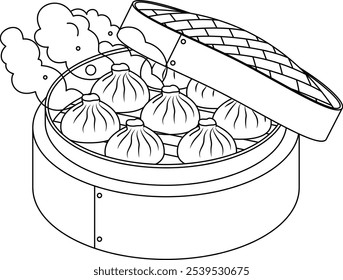 Bolinhos sendo cozidos em vapor em uma página de coloração tradicional do contorno do vapor de bambu. China lunar novo ano coloração página para crianças