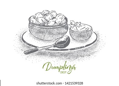 Dumplings bowl with sour cream, dough with meat filling, national cuisine, homemade lunch, breakfast. Traditional russian pelmeni, ukrainian vareniki concept sketch. Hand drawn vector illustration