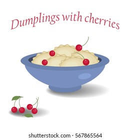 Dumplings with cherries in a blue plate, isolated on a white background. Vector illustration.