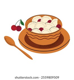 Dumplings with cherries. Ukrainian national food, varenyky. Hand drawn vector illustration. White isolated background. 