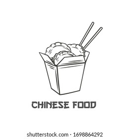 Dumplings in chinese carton box with chopsticks outline icon for chunese menu restaurant or cafe design.