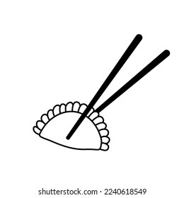 Dumplings of Chinese, Japanese and Korean cuisine and chopsticks. Doodle vector outline icon isolated on white