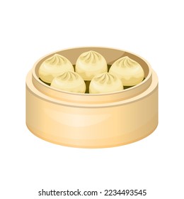 Dumplings Dim Sum in bamboo steamer. Traditional chinese dish. Asian food. Colorful vector illustration isolated on white background.