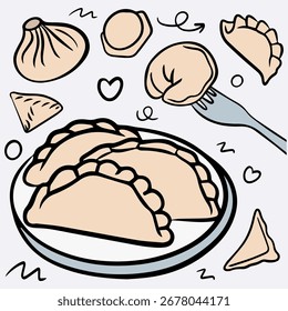 Bolinhos, conjunto de linhas de doodle, ilustração desenhada à mão 