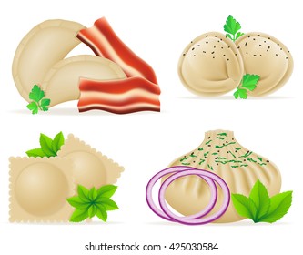 dumplings of dough with a filling and greens set icons vector illustration isolated on white background