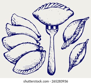 Dumplings, food set. Doodle style 