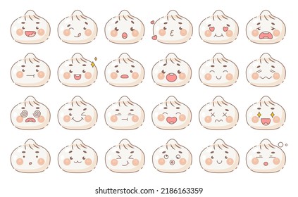 Dumplings fun face emoji icons set. Cute design emoticons sticker collection. Set of vector gyoza face emotions and feeling like happy, angry, sad, laughing, teasing and dizzy.	