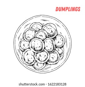 Dumplings hand drawn illustration. Russian cuisine. Linear graphic. Food sketch. Russian pelmeni.