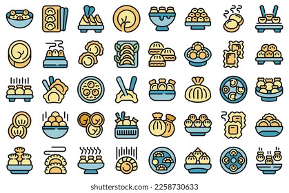 Dumplings icons set outline vector. Dough wonton. Ravioli food color line on white isolated