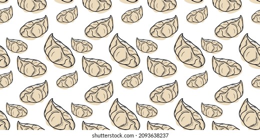 
Dumplings or mandu seamless pattern. Popular Asian cuisine known as Pangsit or Gyoza. Wontons, Baozi, Jiaozi, Dimsams - options for Chinese dumplings Doodle. Suitable for wallpapers, web page backgro