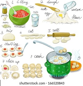 Dumplings with meat. Instruction in Picture Cooking dumplings with meat, pelmeni. Paste Products stuffed with minced meat for family dinner and celebration. Russian cuisine.