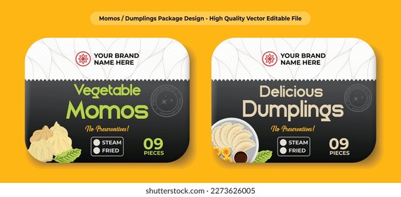 Dumplings momos packaging design, dim sums label design, dumplings box design, steam and fried dumplings and momos packaging illustration, momo packaging, premium vector template design