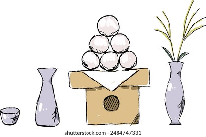 Dumplings offered to the moon, small rice wine cup, rice wine bottle, Japanese pampas grass, viewing the moon freehand drawing illustration three points set.