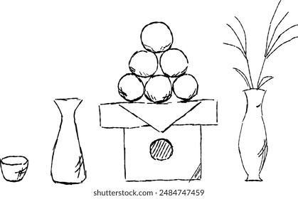 Dumplings offered to the moon, small rice wine cup, rice wine bottle, Japanese pampas grass, viewing the moon freehand drawing illustration three points set of the line drawing.