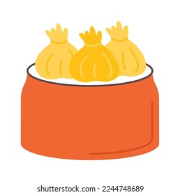 Vertimiento en el icono plano de la placa Comida asiática sabrosa. Ilustración del vector