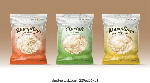 Dumplings packaging design. Realistic plastic bags with frozen ravioli, dumplings and varenyky different types, dough with fillings vial, pork and cheese, 3d isolated element utter vector set