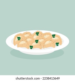 Dumplings with parsley dish of Ukrainian national cuisine. Isolate on a white background. Vector illustration