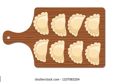 Dumplings (pierogi, varenyky, pelmeni, ravioli) on a wooden cutting board isolated on background. Polish cuisine. Eastern european cuisine. Vector hand drawn illustration.