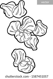 Dumplings in a pot. Bay leaf. Black pepper peas. Ink hand drawing. Food, vegetables and fruit isolated on white background. Book illustration, recipe, menu, magazine or journal article.