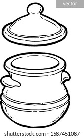Dumplings in a pot. Bay leaf. Black pepper peas. Ink hand drawing. Food, vegetables and fruit isolated on white background. Book illustration, recipe, menu, magazine or journal article.