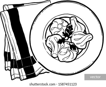 Dumplings in a pot. Bay leaf. Black pepper peas. Ink hand drawing. Food, vegetables and fruit isolated on white background. Book illustration, recipe, menu, magazine or journal article.
