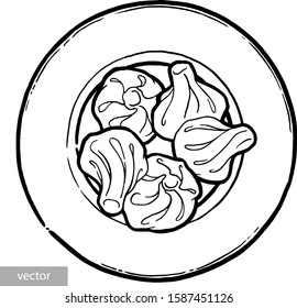 Dumplings in a pot. Bay leaf. Black pepper peas. Ink hand drawing. Food, vegetables and fruit isolated on white background. Book illustration, recipe, menu, magazine or journal article.